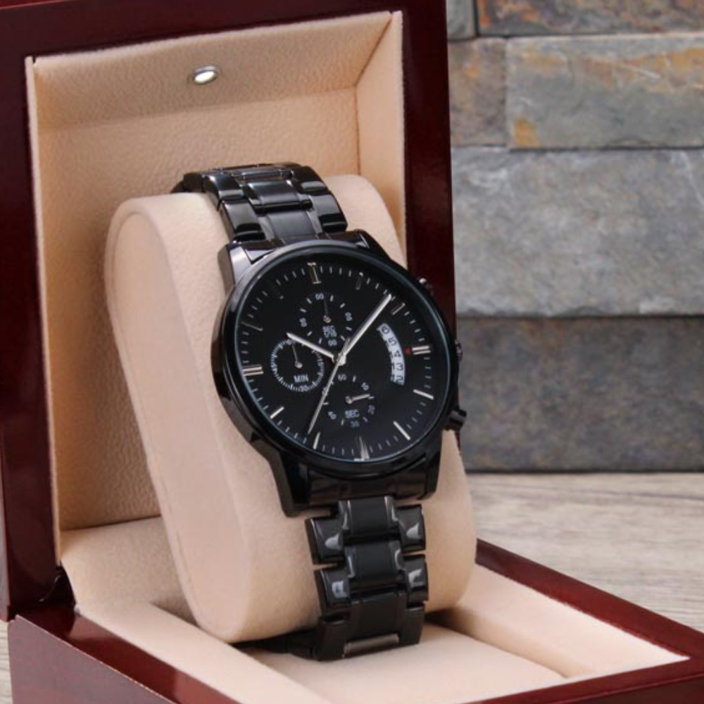 Gifts For Dad - Mens Black Wrist Watch with Mahogany Box and Message Card - The Father Times Newspaper