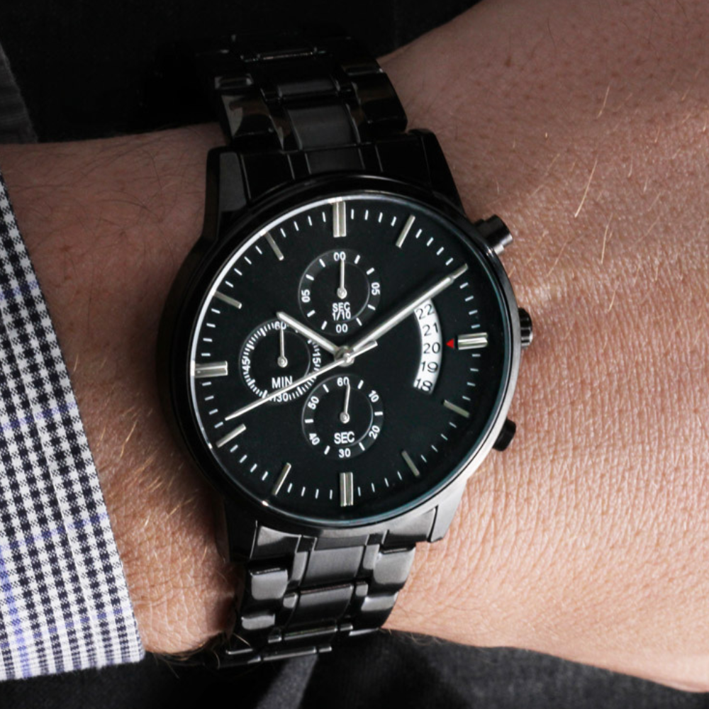 Gifts For Dad - Mens Black Wrist Watch with Mahogany Box and Message Card - The Father Times Newspaper