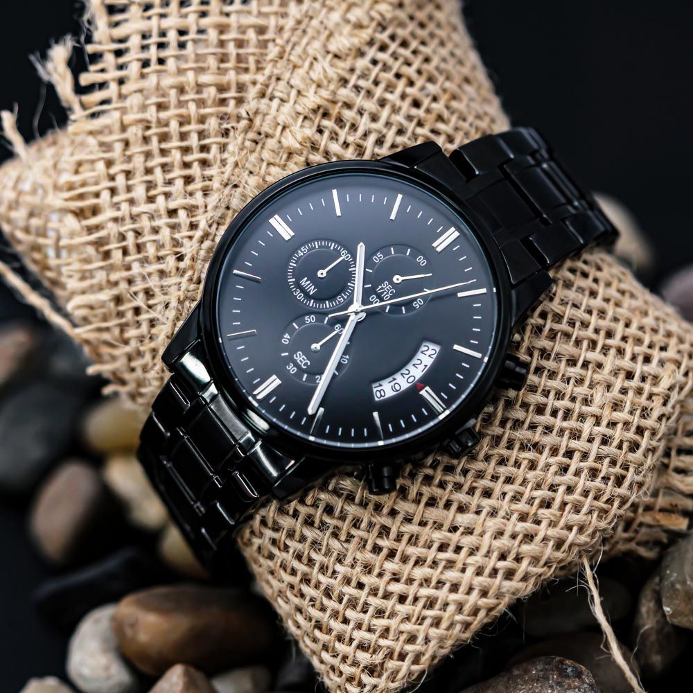 Gifts For Dad - Mens Black Wrist Watch with Mahogany Box and Message Card - The Father Times Newspaper
