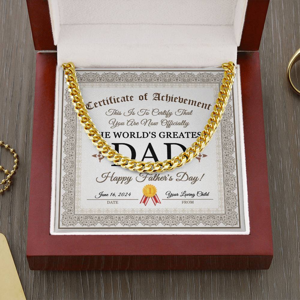 Dad Cuban Link Chain Necklace Gift - Happy Fathers Day Certificate