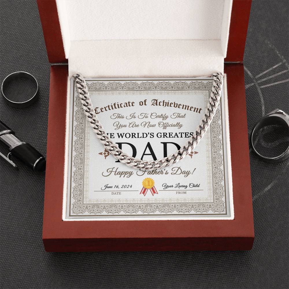 Dad Cuban Link Chain Necklace Gift - Happy Fathers Day Certificate