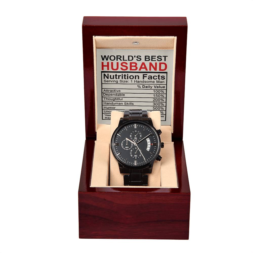 To My Husband - Mens Black Wrist Watch with Mahogany Box and Message Card - Nutrition Facts