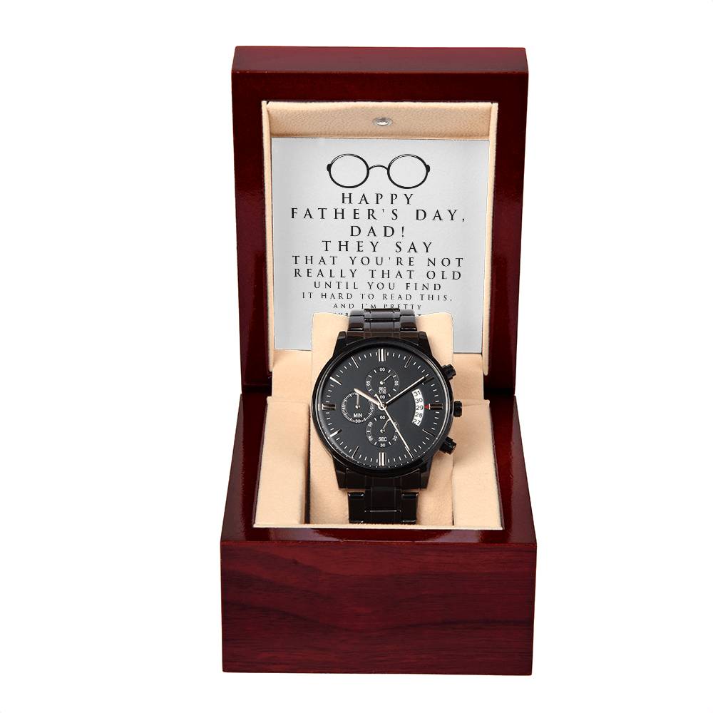 Father's Day Gift For Dad - Mens Black Wrist Watch with Mahogany Box and Message Card - Hard To Read