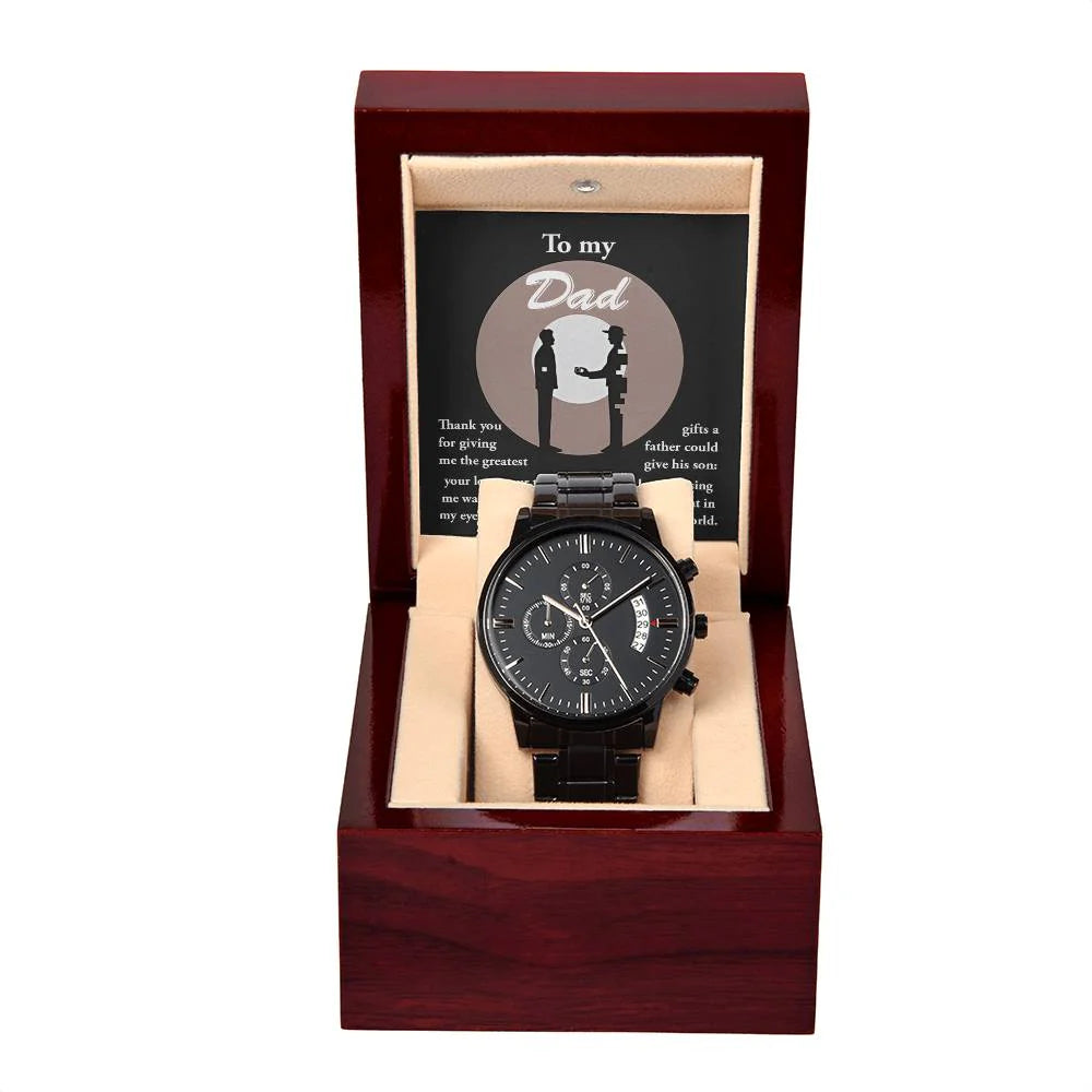 Gifts For Dad - Mens Black Wrist Watch with Mahogany Box and Message Card - The Greatest Gifts