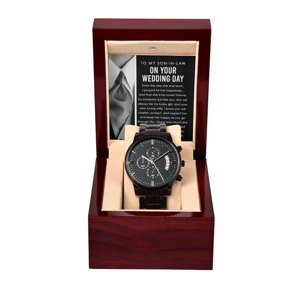 To My Son-In-Law - Mens Black Wrist Watch with Mahogany Box and Message Card - Hold Her Hand