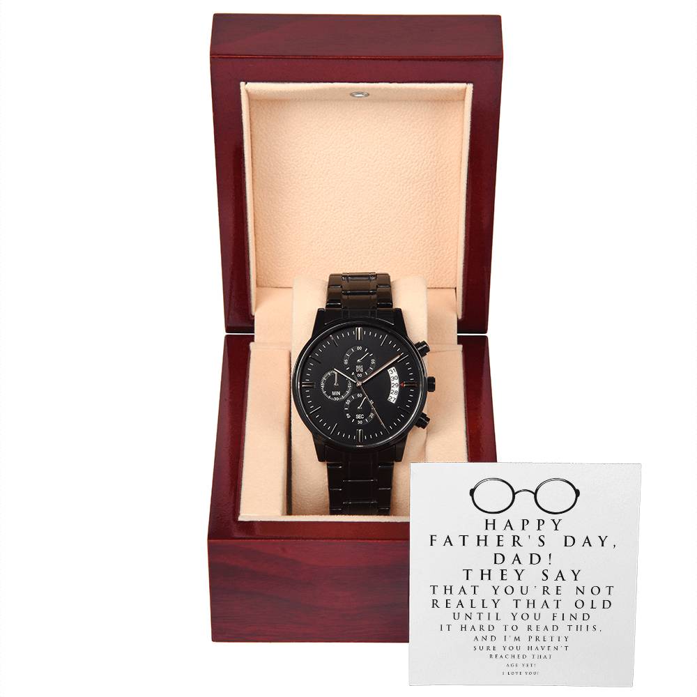 Father's Day Gift For Dad - Mens Black Wrist Watch with Mahogany Box and Message Card - Hard To Read