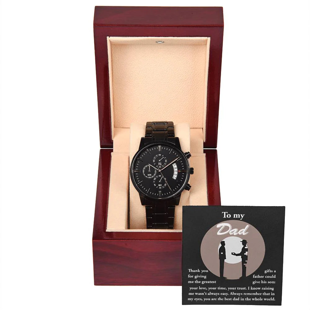 Gifts For Dad - Mens Black Wrist Watch with Mahogany Box and Message Card - The Greatest Gifts