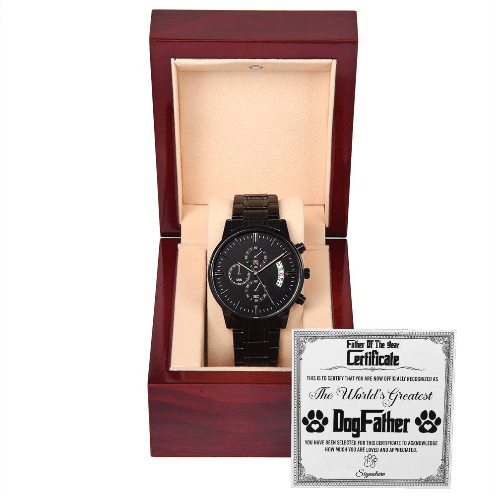 Gift For A Dog Dad - Mens Black Wrist Watch with Mahogany Box and Message Card - Dog Father Of The Year Certificate