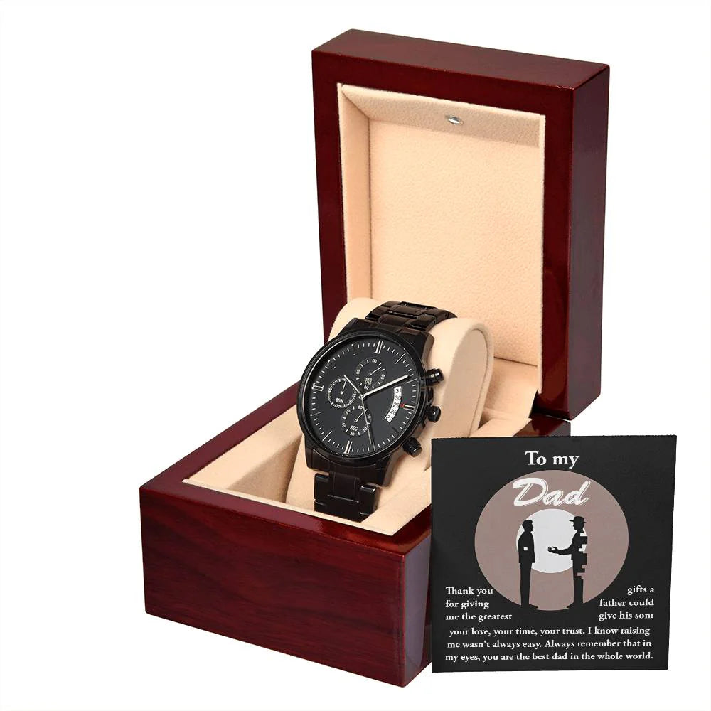 Gifts For Dad - Mens Black Wrist Watch with Mahogany Box and Message Card - The Greatest Gifts