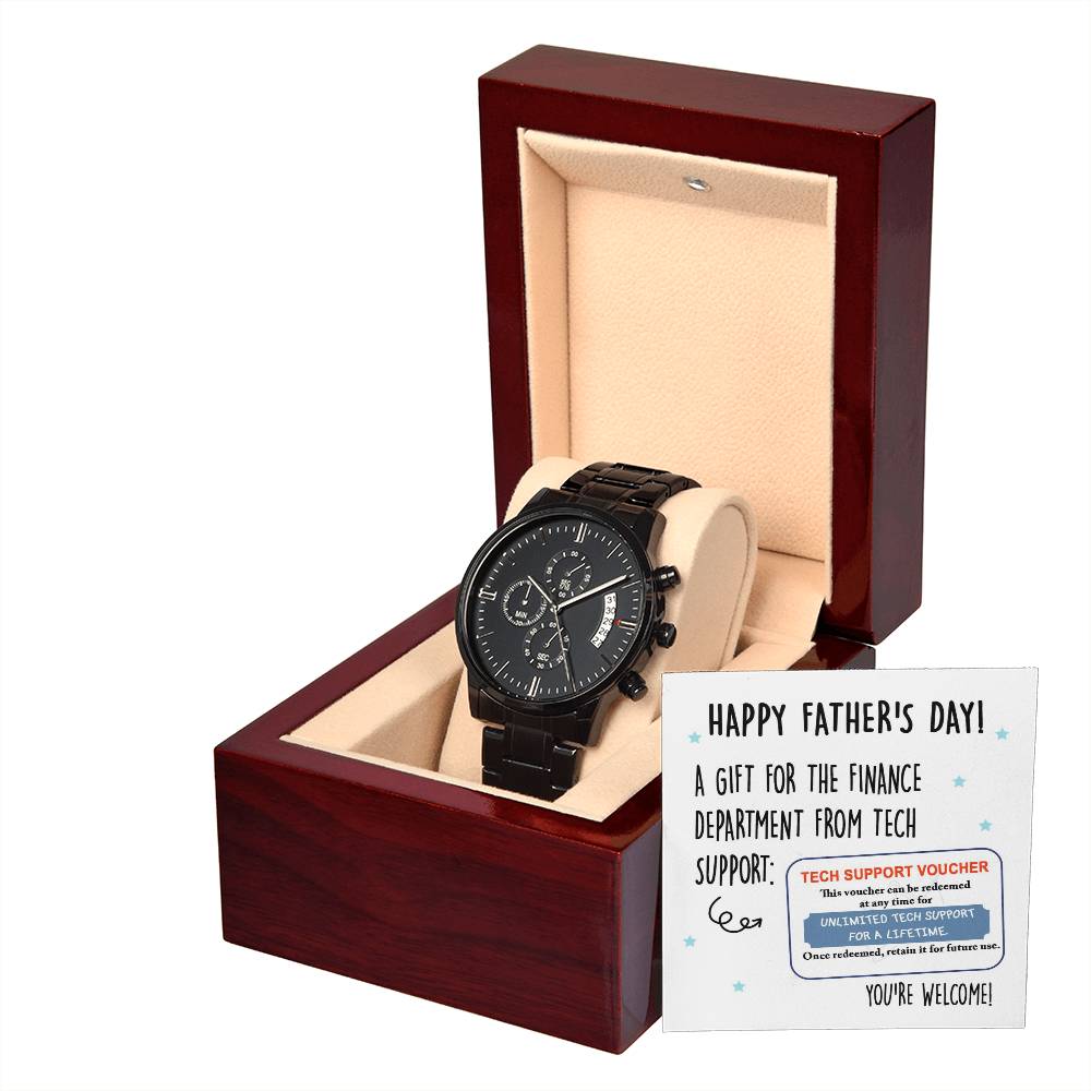 Father's Day Gift For Dad - Mens Black Wrist Watch with Mahogany Box and Message Card - Tech Support Voucher