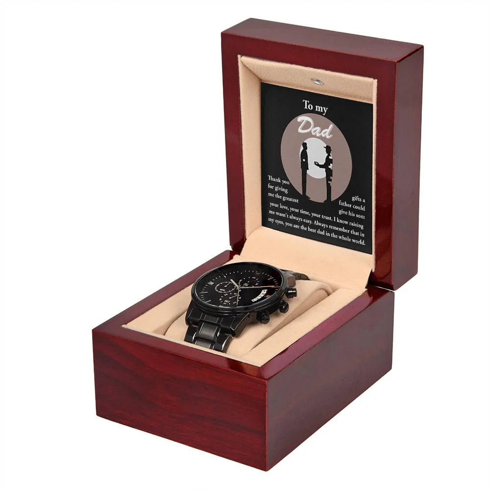 Gifts For Dad - Mens Black Wrist Watch with Mahogany Box and Message Card - The Greatest Gifts