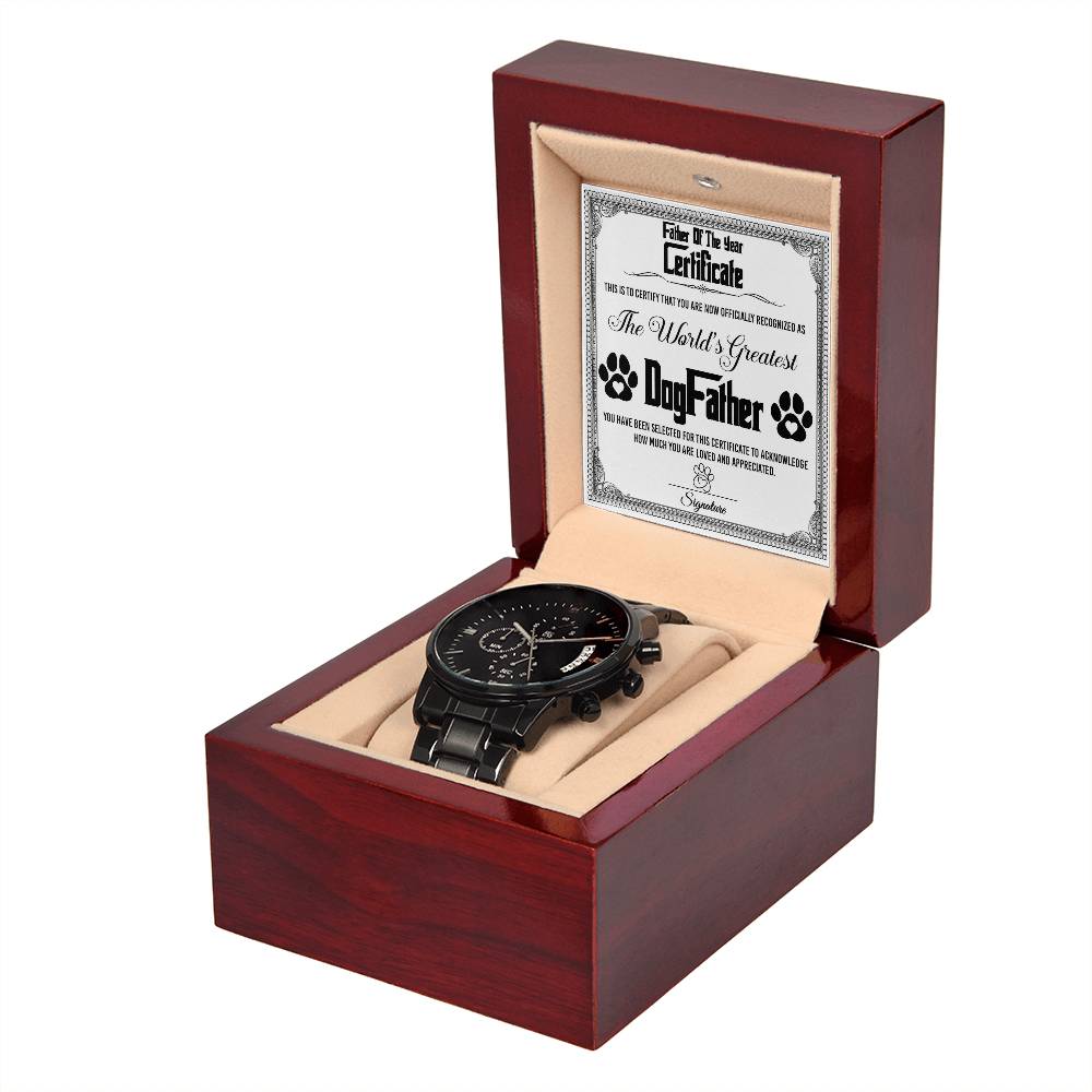 Gift For A Dog Dad - Mens Black Wrist Watch with Mahogany Box and Message Card - Dog Father Of The Year Certificate