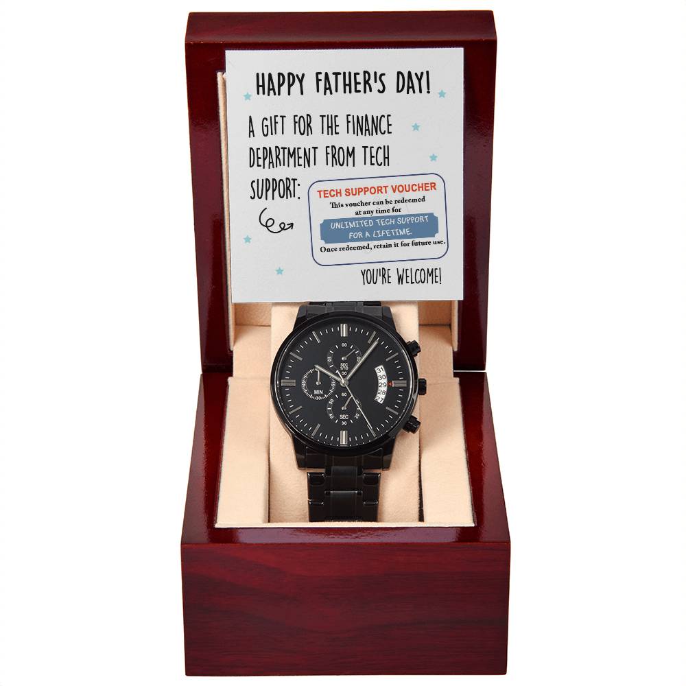 Father's Day Gift For Dad - Mens Black Wrist Watch with Mahogany Box and Message Card - Tech Support Voucher