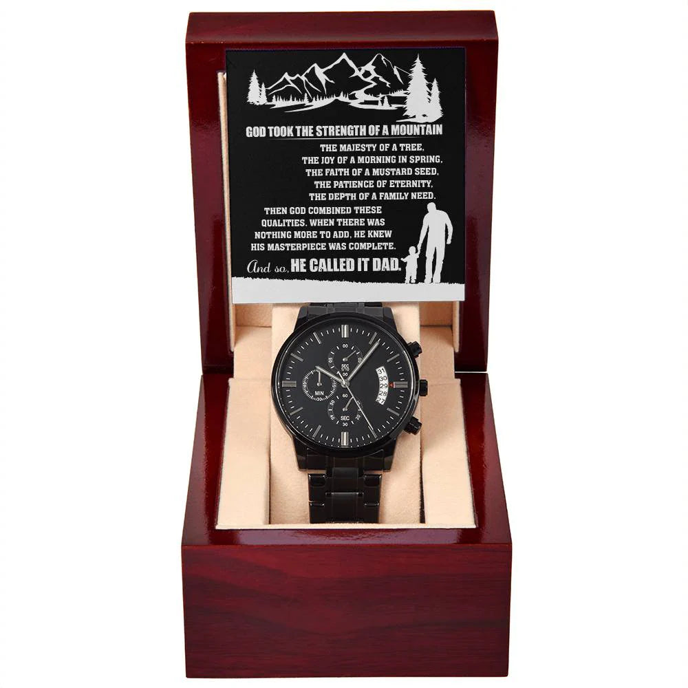 Dad Watch Gift - Called It Dad - Black Chronograph Watch with Mahogany Box