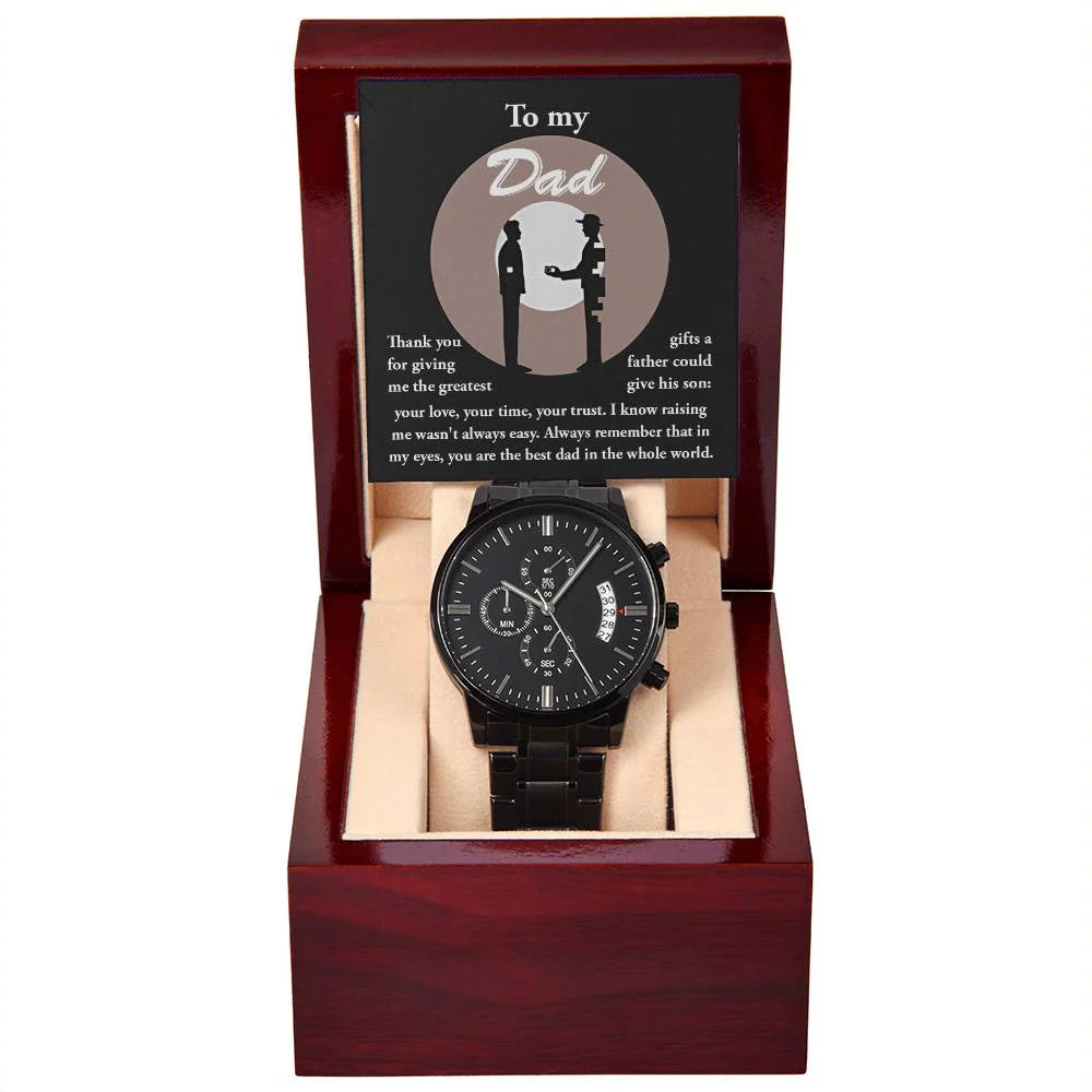 Gifts For Dad - Mens Black Wrist Watch with Mahogany Box and Message Card - The Greatest Gifts