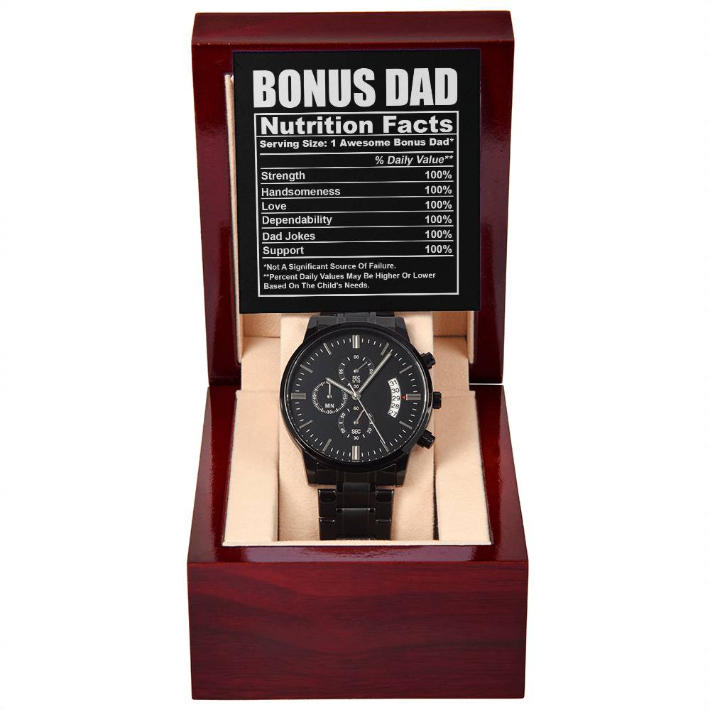 Gift For Bonus Dad - Mens Black Wrist Watch with Mahogany Box and Message Card - Nutrition