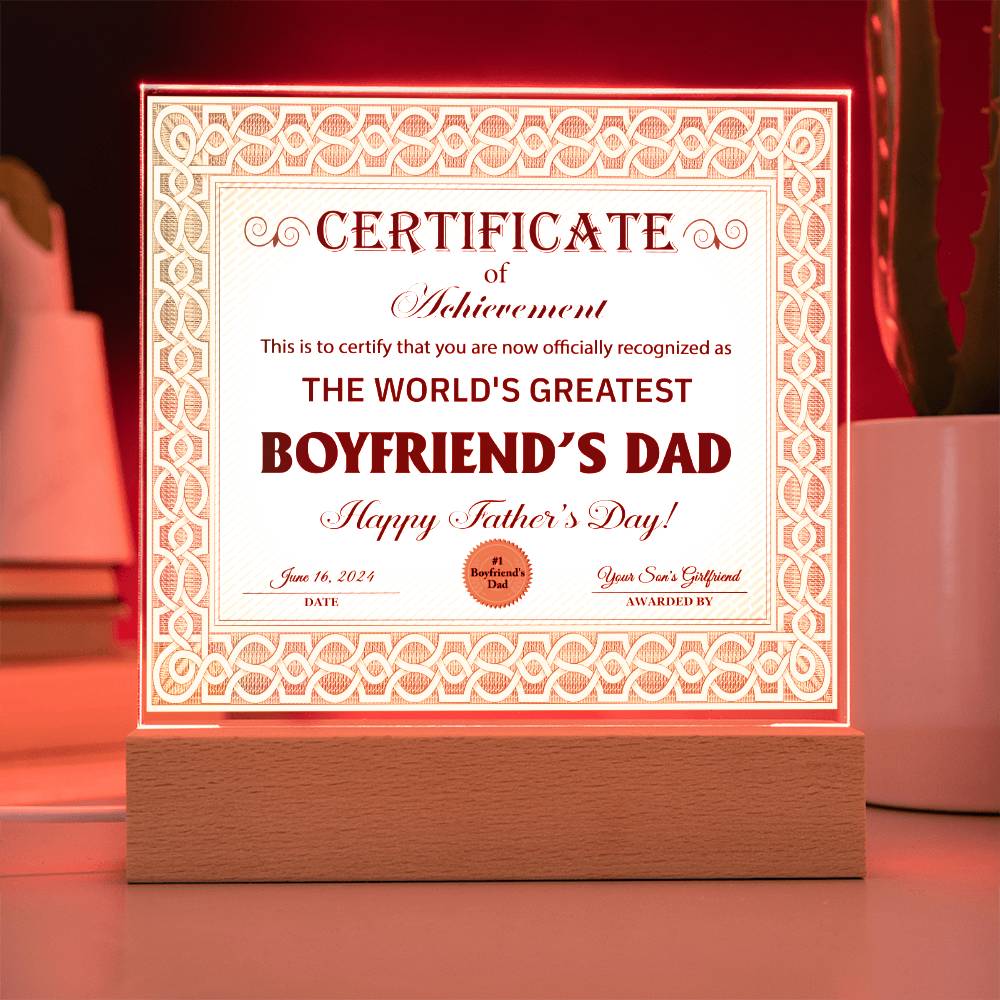 Boyfriends Dad Gift-Certificate Of Achievement Acrylic Plaque