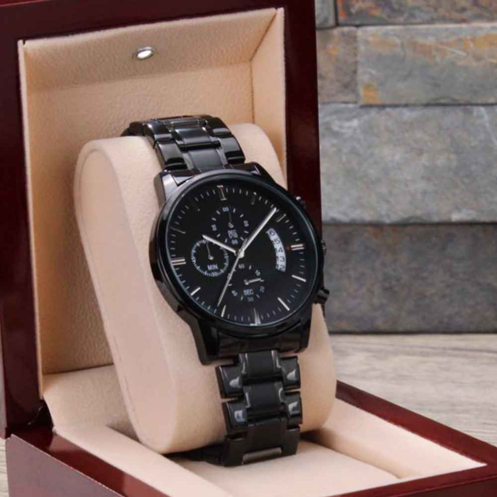 To My Son - Mens Black Wrist Watch with Mahogany Box and Message Card - Be My Son