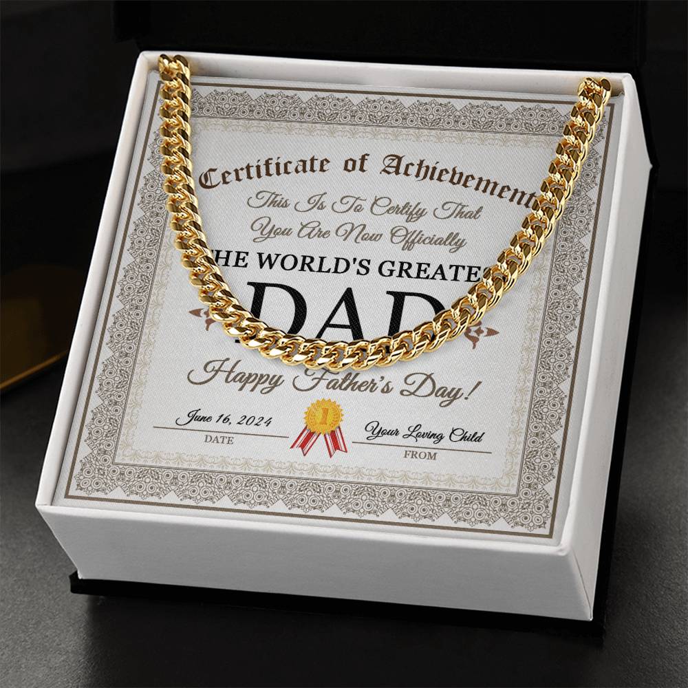 Dad Cuban Link Chain Necklace Gift - Happy Fathers Day Certificate