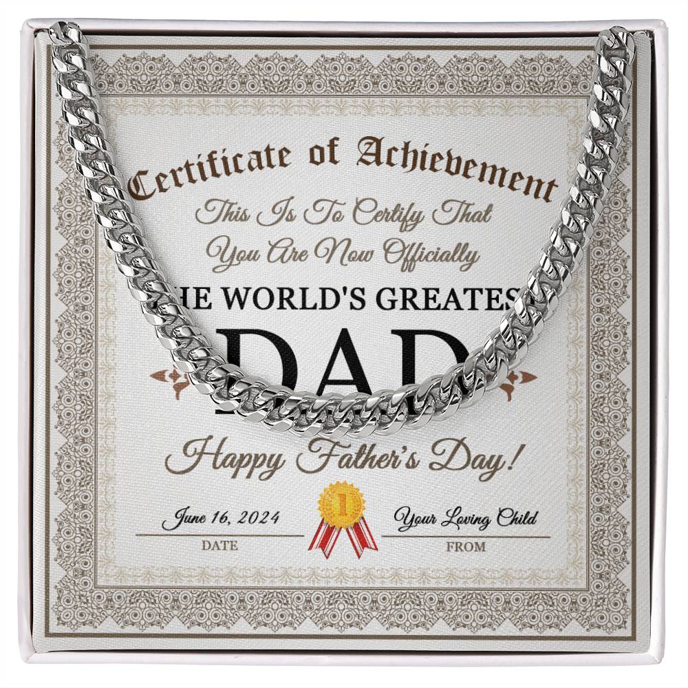 Dad Cuban Link Chain Necklace Gift - Happy Fathers Day Certificate