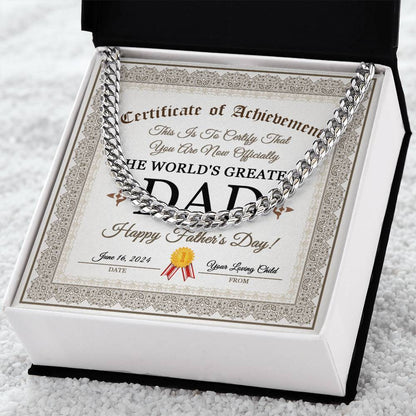 Dad Cuban Link Chain Necklace Gift - Happy Fathers Day Certificate