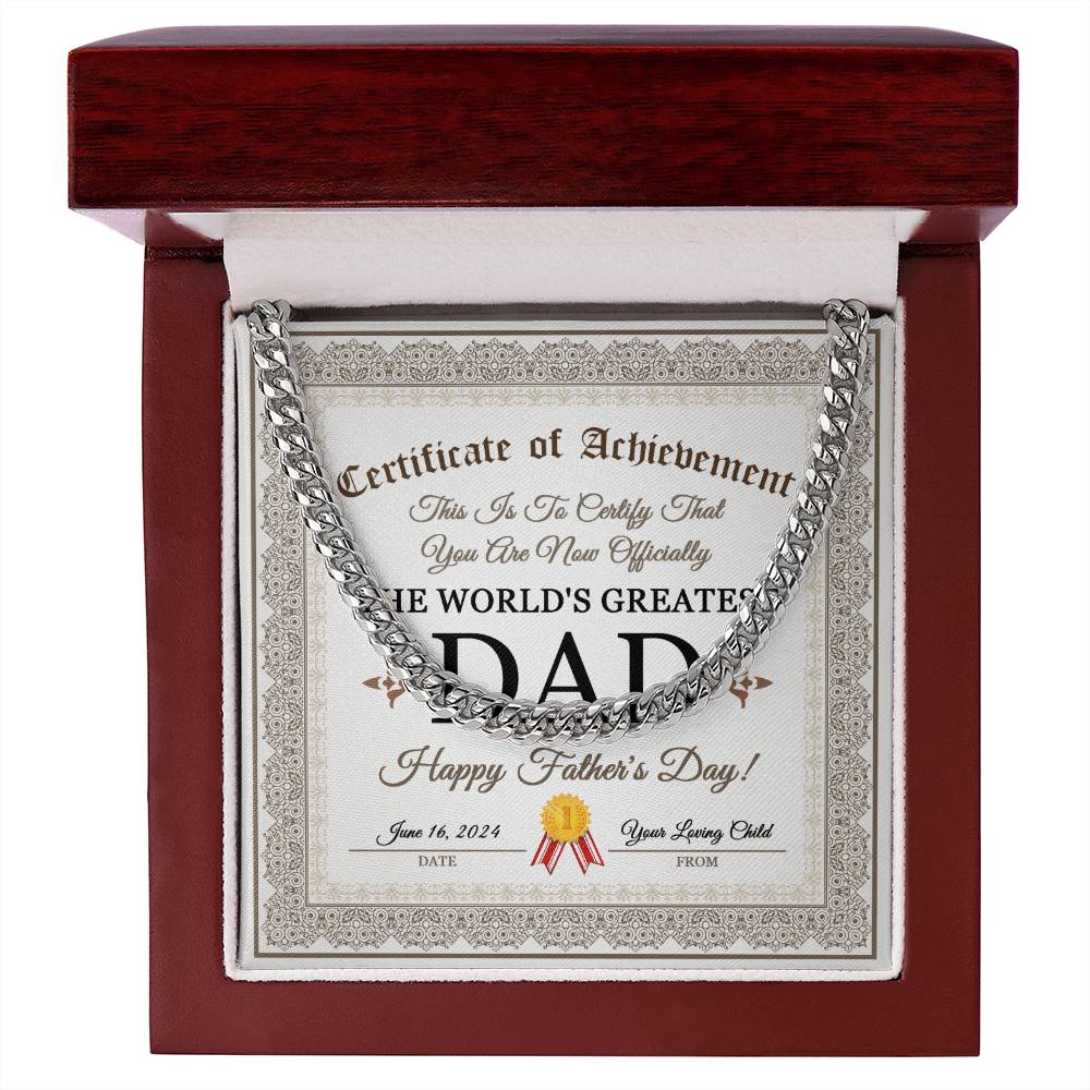 Dad Cuban Link Chain Necklace Gift - Happy Fathers Day Certificate