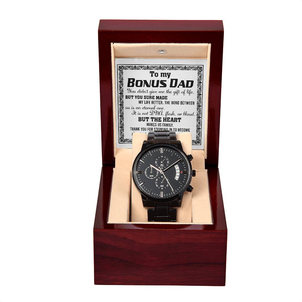 Bonus Dad Watch Gift - Gift Of Life - Black Chronograph Watch with Mahogany Box