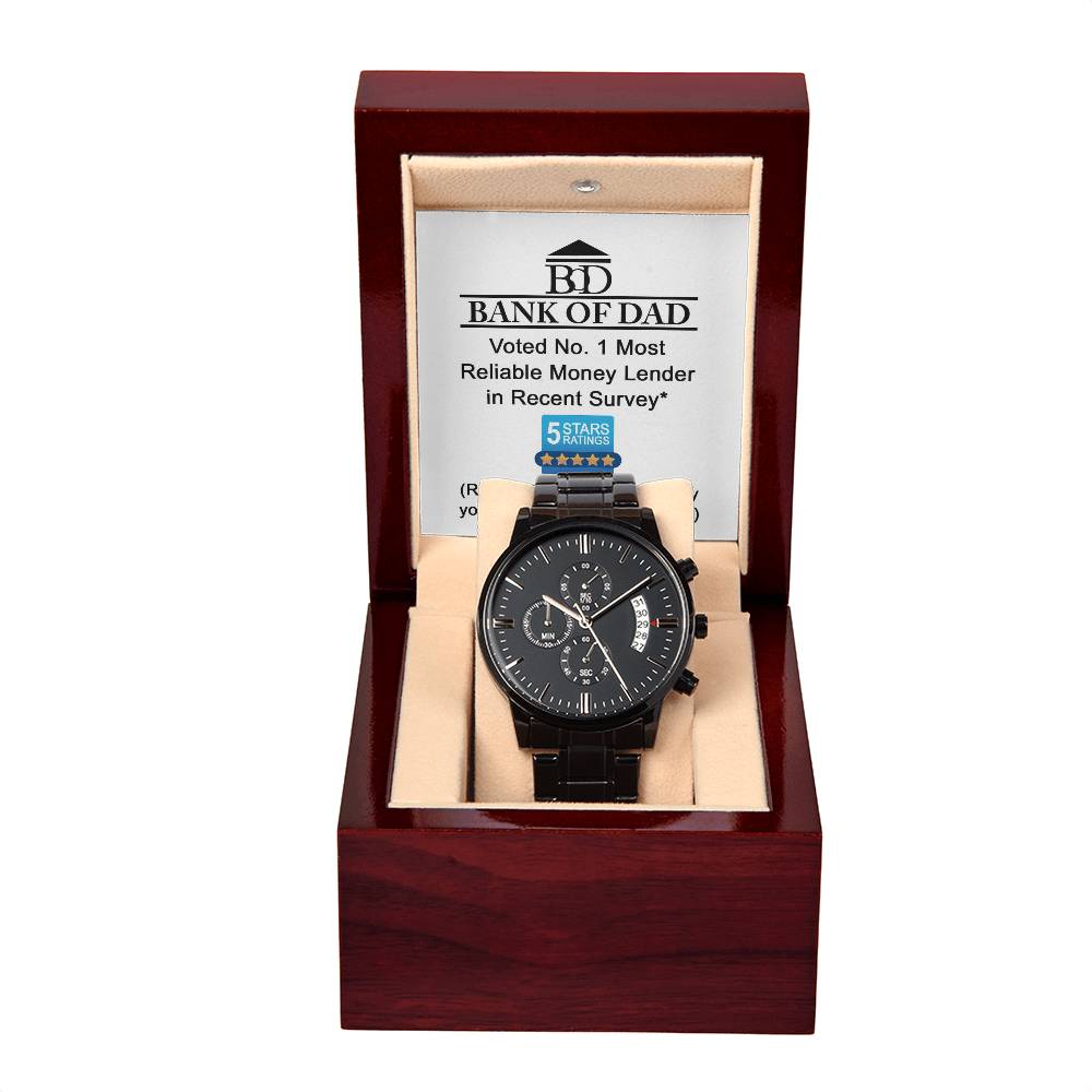 Gift For Dad - Mens Black Wrist Watch with Mahogany Box and Message Card - Financial Burden