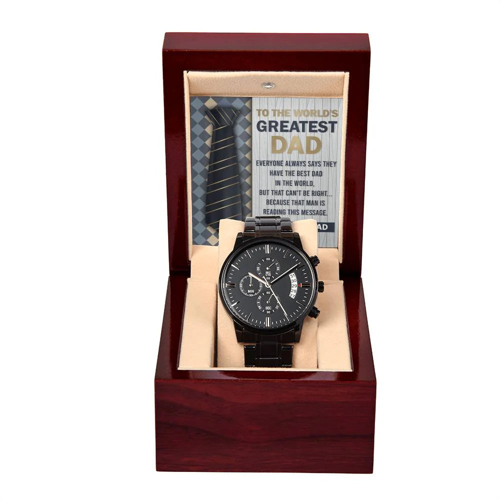 Gifts For Dad - Mens Black Wrist Watch with Mahogany Box and Message Card - That Man