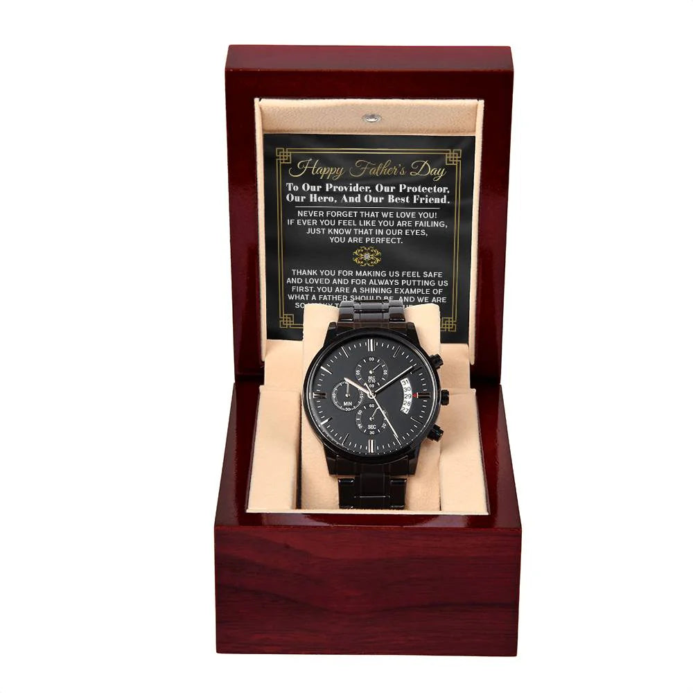 Gifts For Dad - Mens Black Wrist Watch with Mahogany Box and Message Card - Our Protector