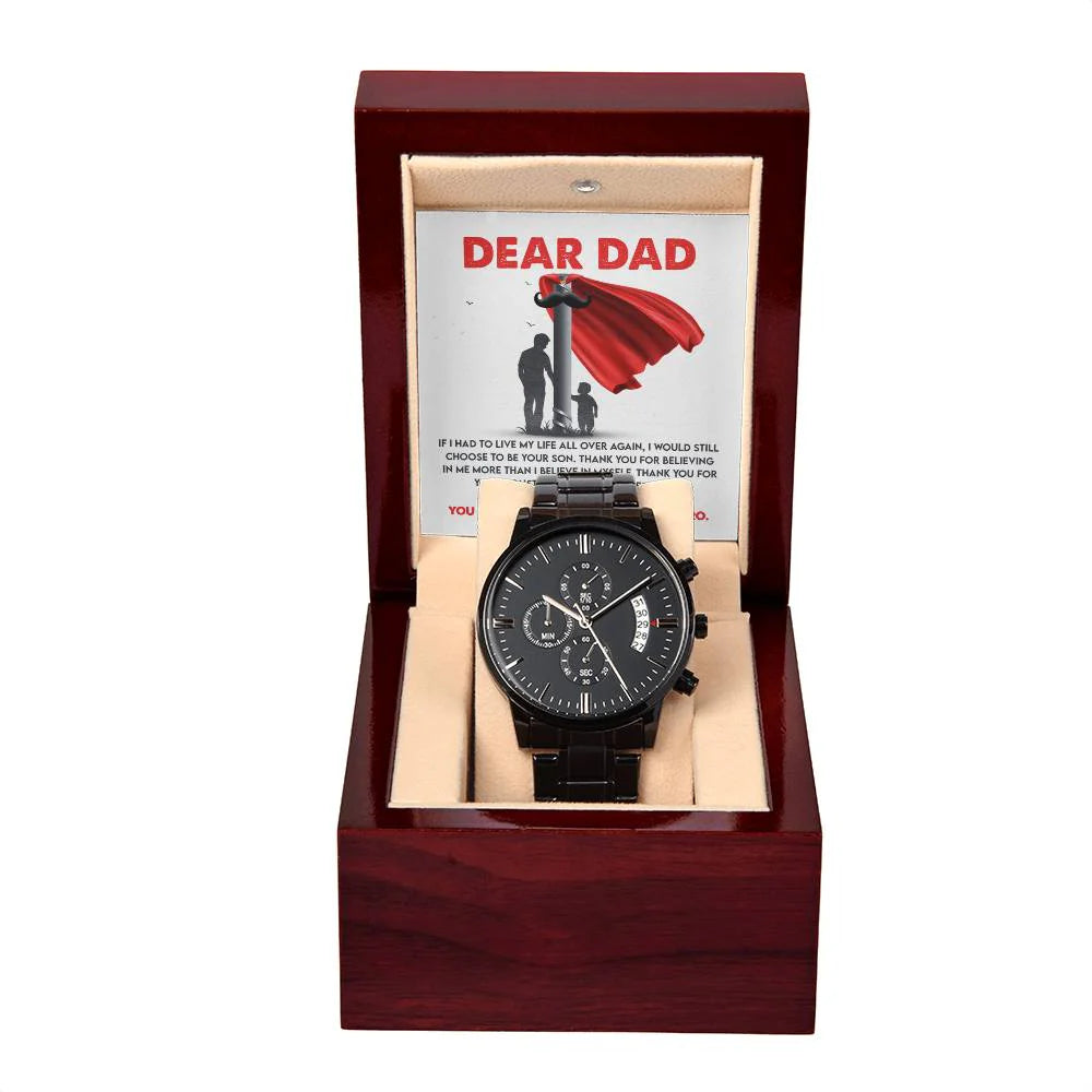 Gifts For Dad - Mens Black Wrist Watch with Mahogany Box and Message Card - My Greatest Hero