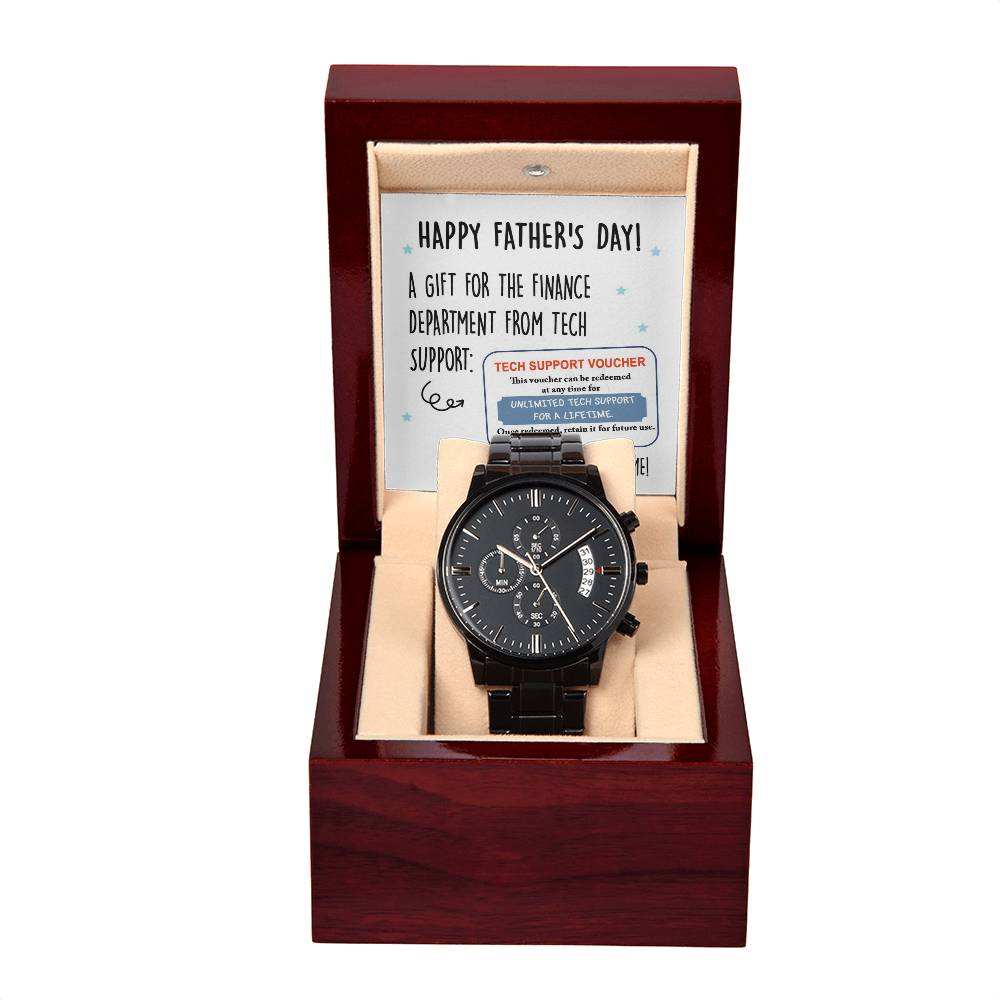 Father's Day Gift For Dad - Mens Black Wrist Watch with Mahogany Box and Message Card - Tech Support Voucher