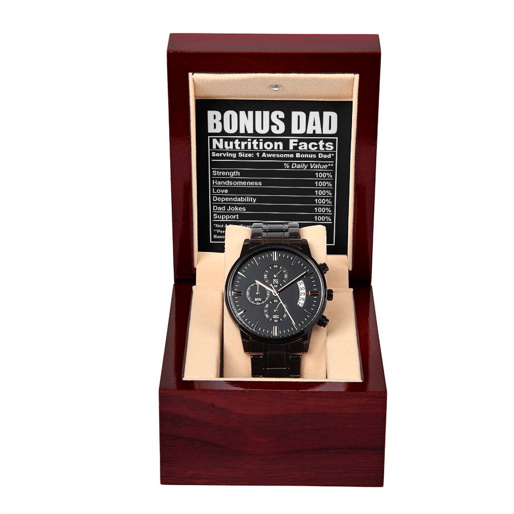 Gift For Bonus Dad - Mens Black Wrist Watch with Mahogany Box and Message Card - Nutrition