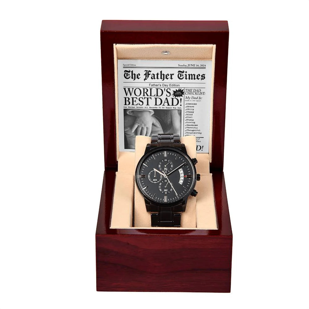 Gifts For Dad - Mens Black Wrist Watch with Mahogany Box and Message Card - The Father Times Newspaper