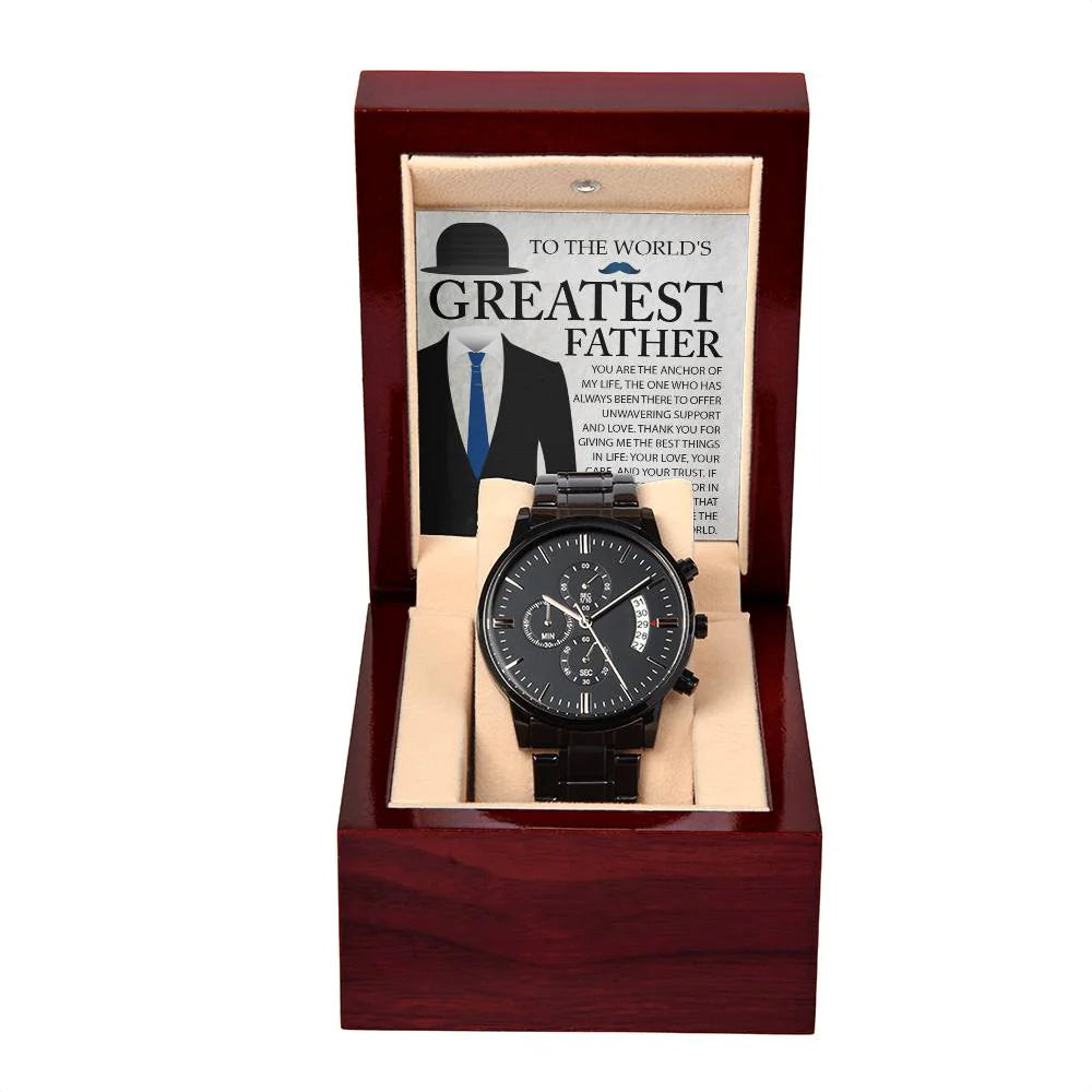 Gifts For Dad - Mens Black Wrist Watch with Mahogany Box and Message Card - The Anchor