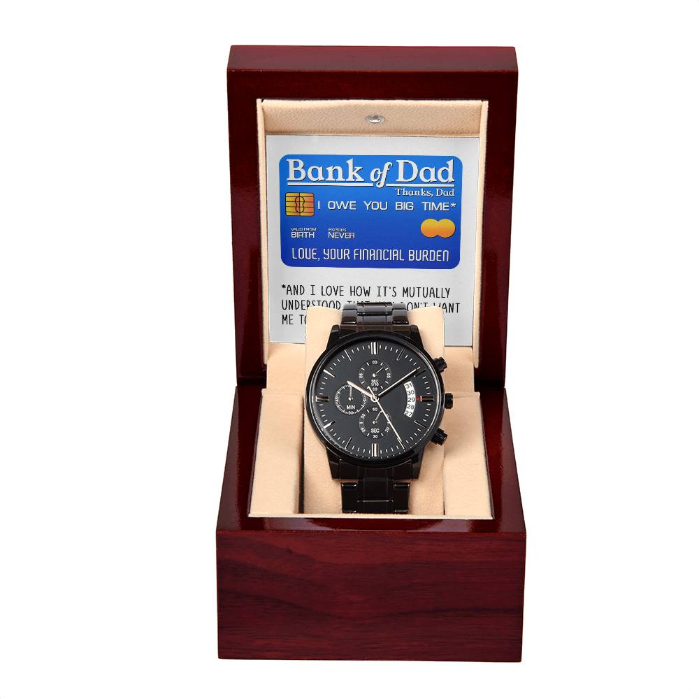 Gift For Dad - Mens Black Wrist Watch with Mahogany Box and Message Card - Bank of Dad