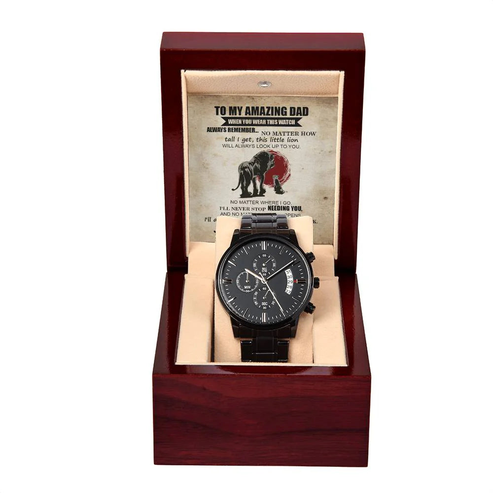 Gifts For Dad - Mens Black Wrist Watch with Mahogany Box and Message Card - This Little Lion