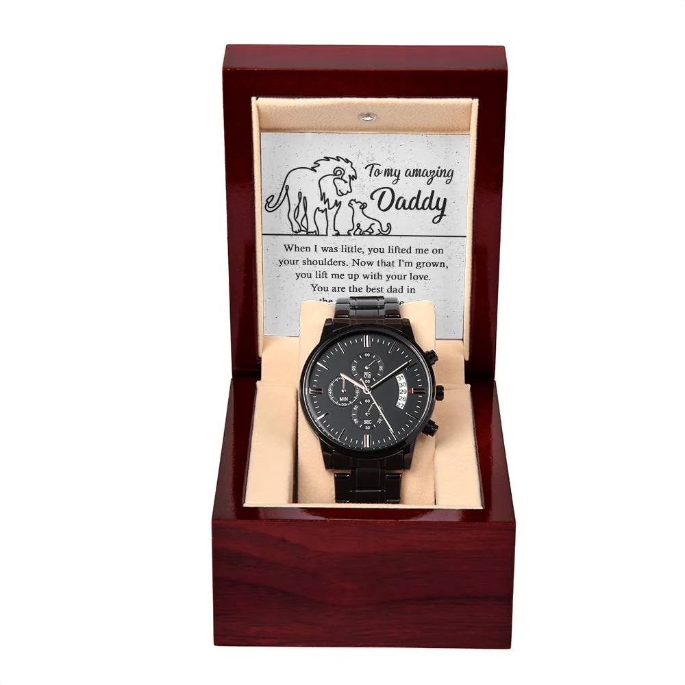 Gifts For Dad - Mens Black Wrist Watch with Mahogany Box and Message Card - On Your Shoulders