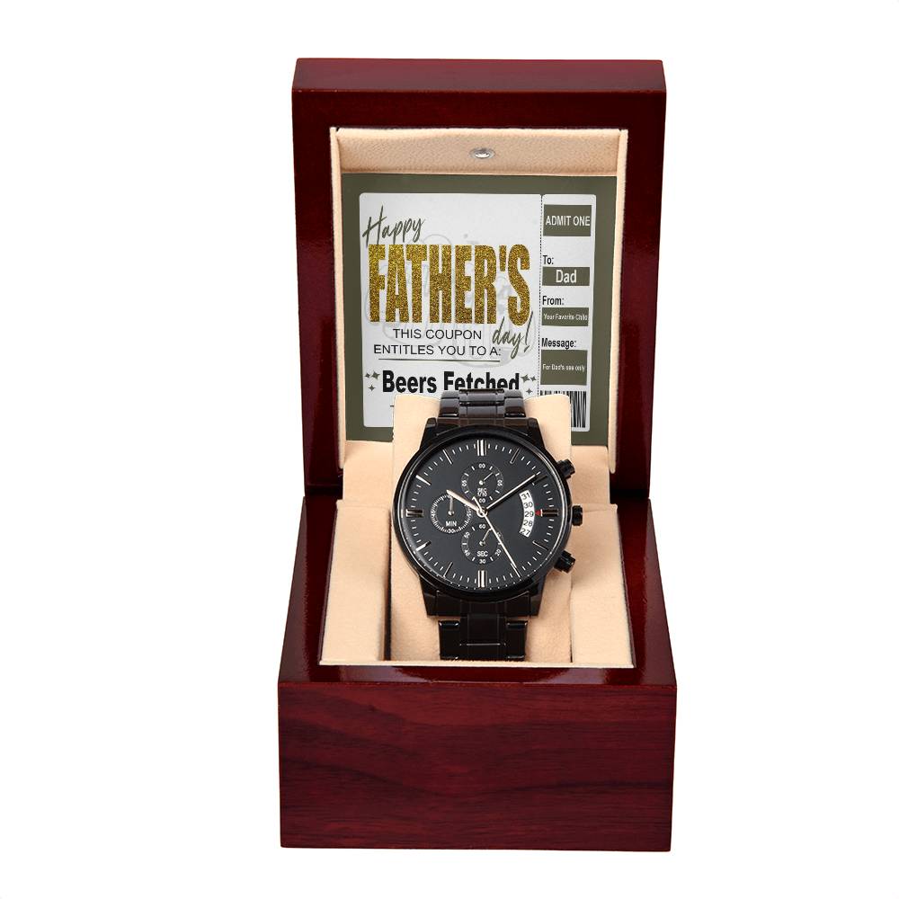 Gift For Dad - Mens Black Wrist Watch with Mahogany Box and Message Card - Beers Fetched