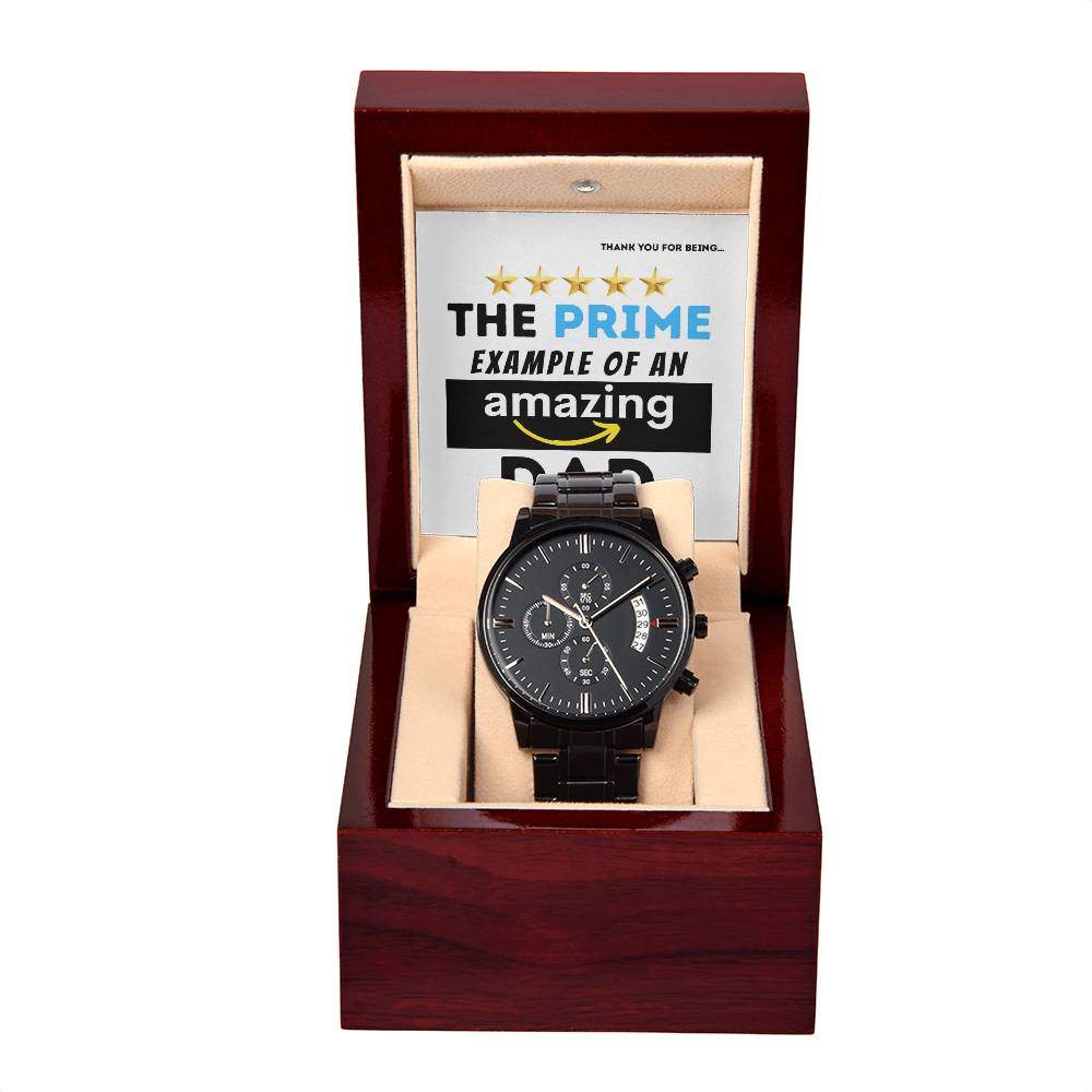 Gift For Dad - Mens Black Wrist Watch with Mahogany Box and Message Card - The Prime Example