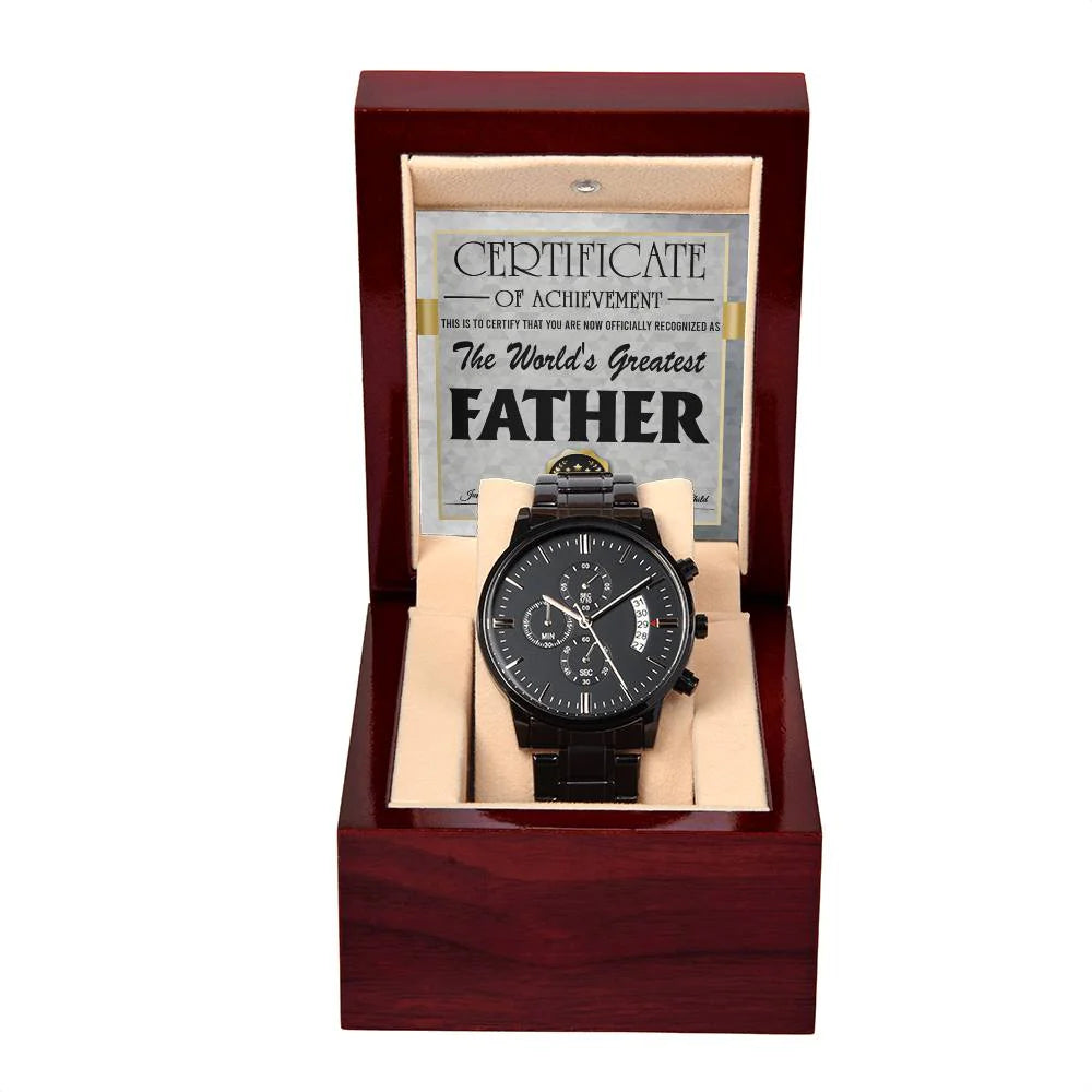 Gifts For Dad - Mens Black Wrist Watch with Mahogany Box and Message Card - World's Greatest Father Certificate