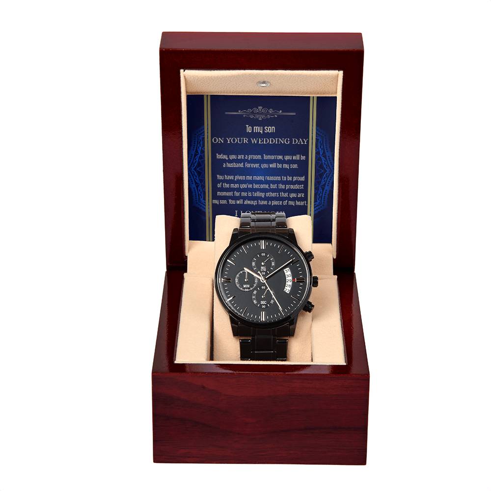 To My Son - Mens Black Wrist Watch with Mahogany Box and Message Card - Be My Son