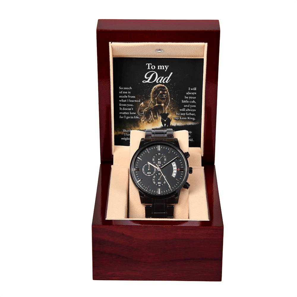 Gift For Dad - Mens Black Wrist Watch with Mahogany Box and Message Card - This Little Lion