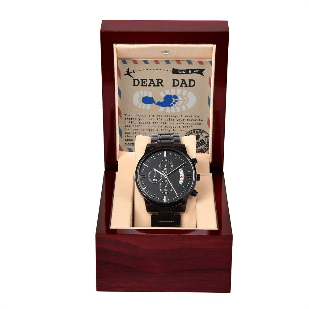 Gifts For Dad - Mens Black Wrist Watch with Mahogany Box and Message Card - Your Favorite Child