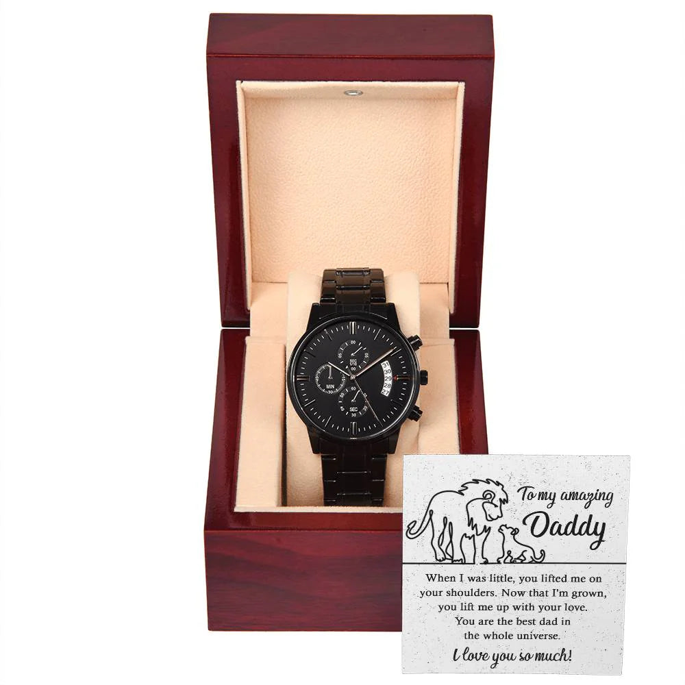 Gifts For Dad - Mens Black Wrist Watch with Mahogany Box and Message Card - On Your Shoulders