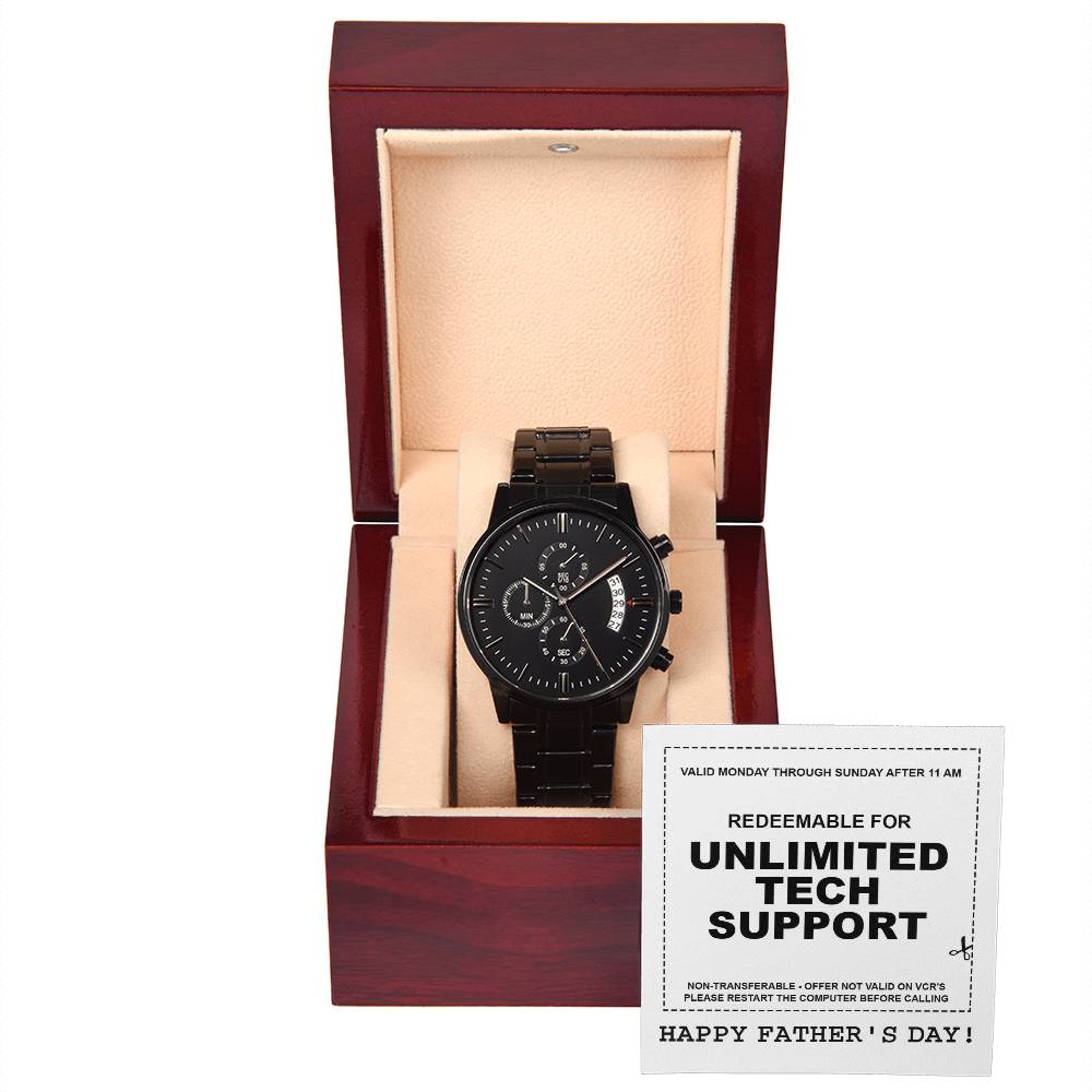 Gift For Dad - Mens Black Wrist Watch with Mahogany Box and Message Card - Unlimited Tech Support