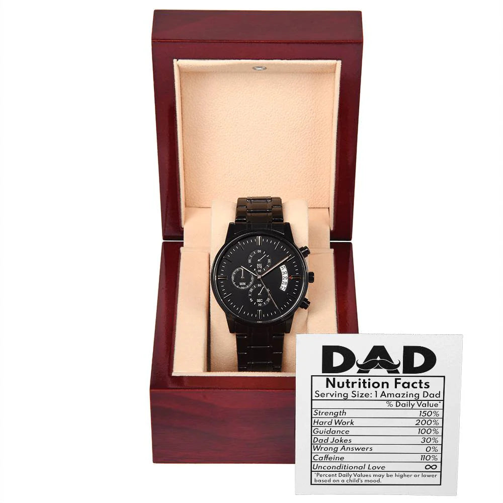 Gifts For Dad - Mens Black Wrist Watch with Mahogany Box and Message Card - Dad Nutrition Facts