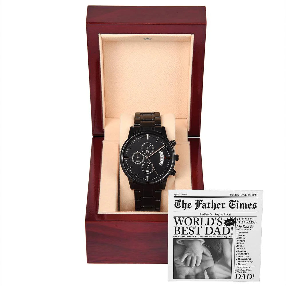 Gifts For Dad - Mens Black Wrist Watch with Mahogany Box and Message Card - The Father Times Newspaper