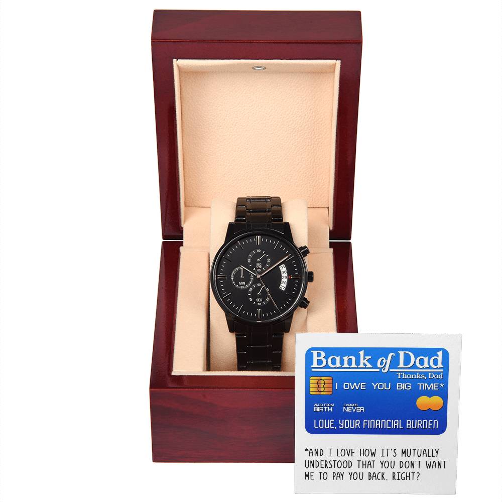 Gift For Dad - Mens Black Wrist Watch with Mahogany Box and Message Card - Bank of Dad