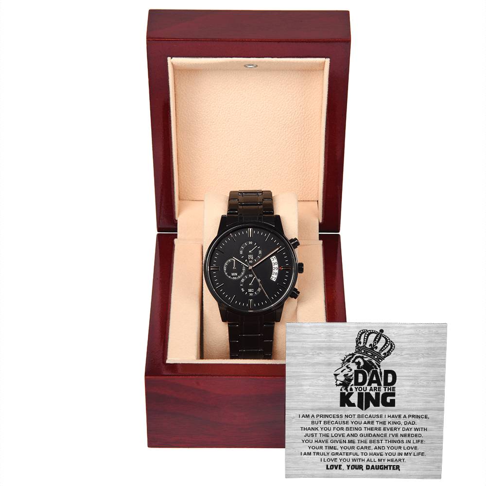 Gift For Dad - Mens Black Wrist Watch with Mahogany Box and Message Card - Not Because